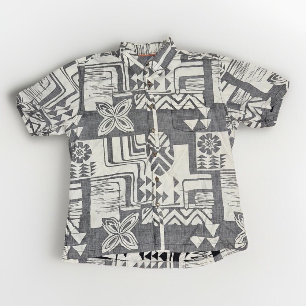 Quiksilver Waterman Hawaiian Aloha Shirt White Grey XL 22x25 Button Front